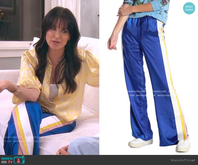 Pam & Gela Triple Stripe Satin Track Pants worn by Kyle Richards on The Real Housewives of Beverly Hills
