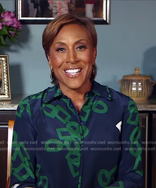 Robin’s navy and green link print blouse on Good Morning America