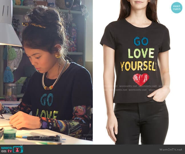 Alice + Olivia Rylyn Go Love Yourself Sparkle Tee worn by Claudia Kishi (Momona Tamada) on The Baby-Sitters Club