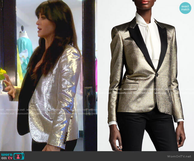 Saint Laurent Metallic One-Button Blazer worn by Kyle Richards on The Real Housewives of Beverly Hills