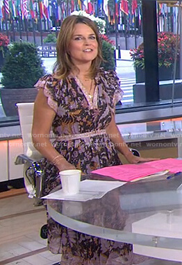 Savannah’s black and purple floral ruffle dress on Today