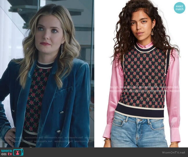 Scotch & Soda Knitted Vest Allover Graphic Pattern Combo N worn by Sutton (Meghann Fahy) on The Bold Type