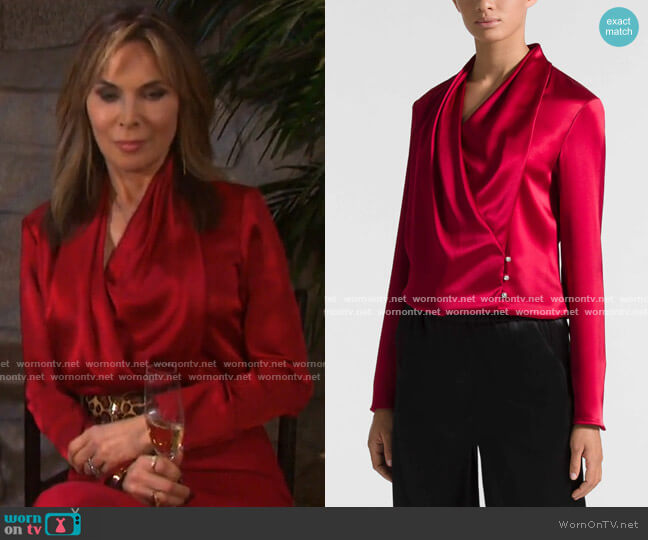 St. John Satin Cowl Neck Wrap Blouse worn by Kate Roberts (Lauren Koslow) on Days of our Lives