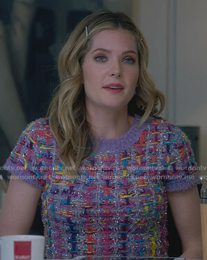 Sutton’s purple short sleeve knit top on The Bold Type