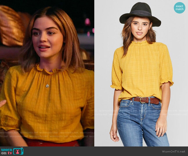 Universal Thread Short Sleeve High Neck Ruffle Blouse worn by Lucy Neal (Lucy Hale) on A Nice Girl Like You (2020)