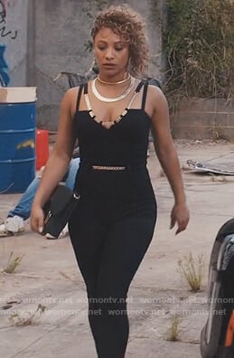 Tasha’s black chain detail jumpsuit on Greenleaf