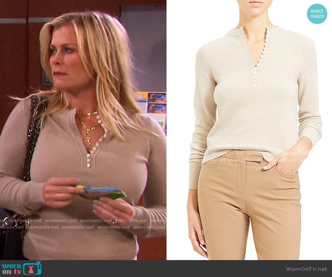 Theory Cashmere Henley Sweater in Oatmeal worn by Sami Brady (Alison Sweeney) on Days of our Lives