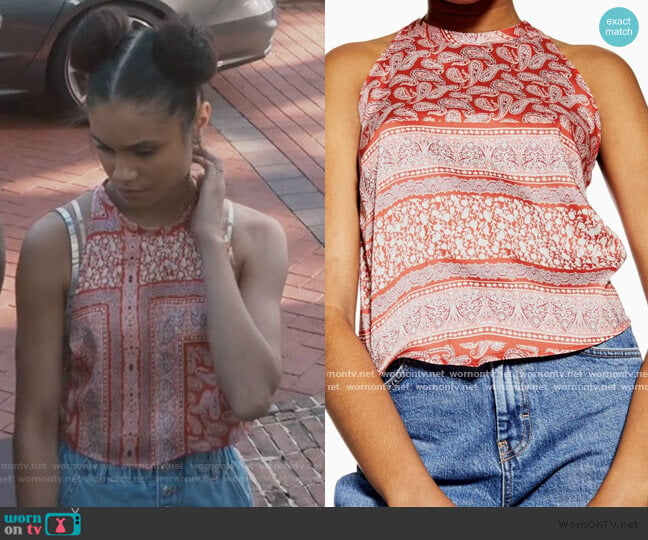 Topshop Red Scarf Print Paisley Top worn by Sophia Greenleaf (Desiree Ross) on Greenleaf