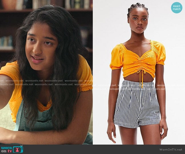 Urban Outfitters Shay Smocked Puff Sleeve Red Cropped Top worn by Devi Vishwakumar (Maitreyi Ramakrishnan) on Never Have I Ever