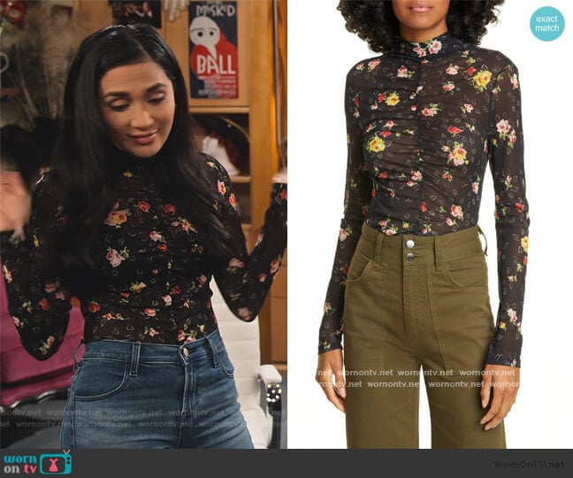 Veronica Beard Kanu Ruched Floral Print Mesh Top worn by Ava Germaine (Chelsea Kane) on The Expanding Universe of Ashley Garcia