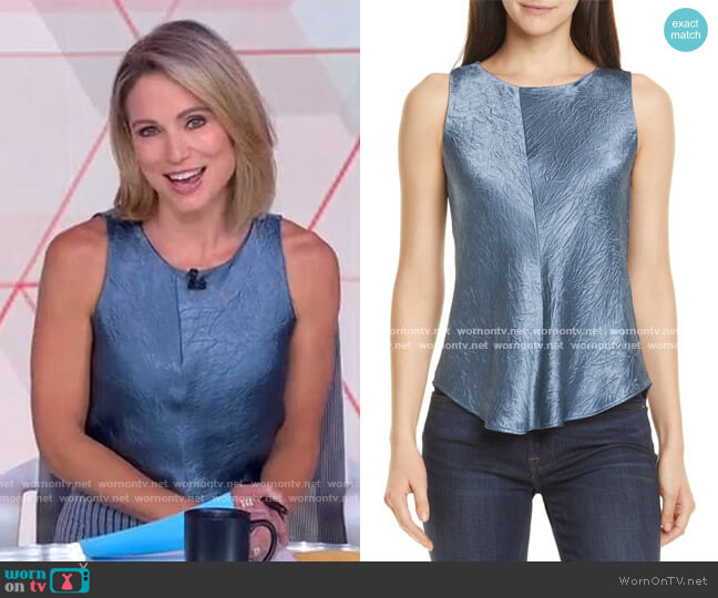 Vince Bias Curve Hem Satin Textured Tank Top worn by Amy Robach on Good Morning America