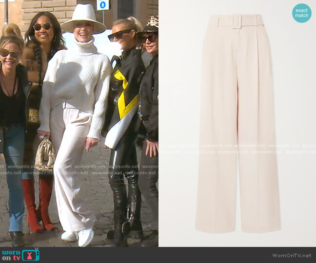 Vince Belted Crepe Wide-Leg Pants worn by Erika Jayne on The Real Housewives of Beverly Hills