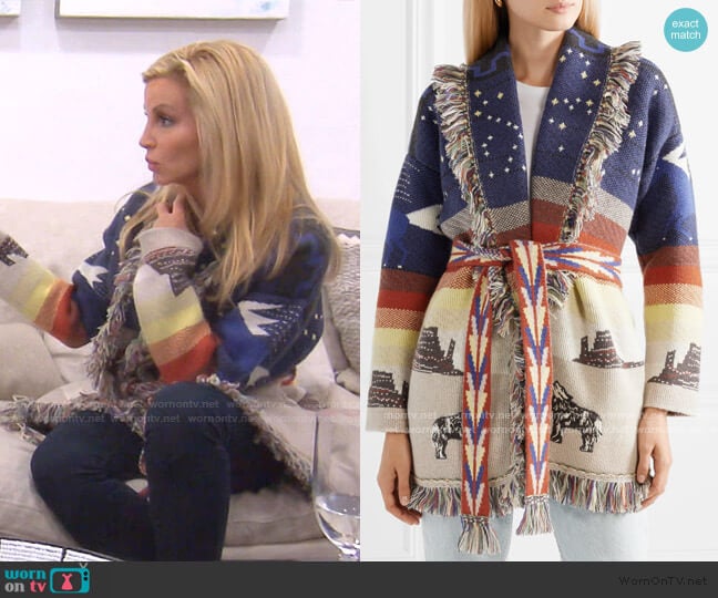 Alanui Fringed Embroidered Cashmere-Jacquard Cardigan worn by Camille Grammer on The Real Housewives of Beverly Hills