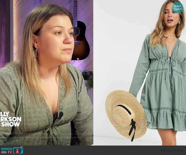 ASOS lace insert button through mini smock dress in khaki worn by Kelly Clarkson on The Kelly Clarkson Show