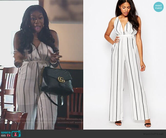 ASOS Daisy Street Jumpsuit With Plunge Neck In Stripe worn by Wendy Osefo on The Real Housewives of Potomac