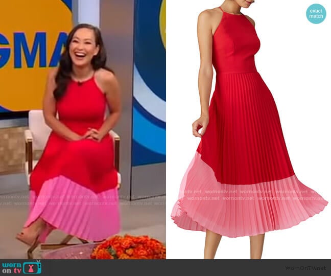 Aidan AIDAN MATTOX Pleated Colorblock Midi Dress worn by Eva Pilgrim on Good Morning America