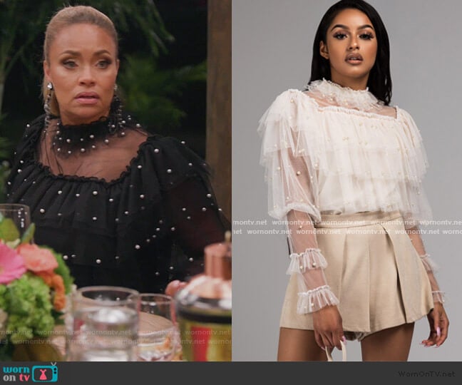 Akira Oh The Drama Sheer Blouse worn by Gizelle Bryant on The Real Housewives of Potomac