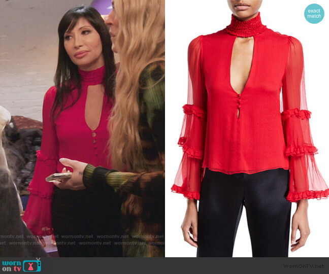Alexis Red Hiro High-neck Ruffle Keyhole Top