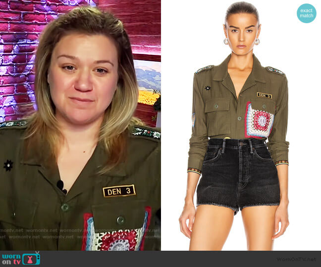 Amiri Crotchet Patch Military Top worn by Kelly Clarkson on The Kelly Clarkson Show