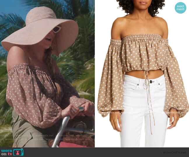 Amur Rosaline Off the Shoulder Silk Crop Top worn by Leah McSweeney on The Real Housewives of New York City