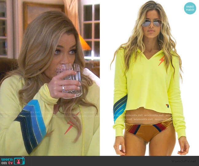 Aviator Nation Bolt Stitch Chevron Split Neck Pullover Crop Hoodie Sweatshirts worn by Denise Richards on The Real Housewives of Beverly Hills
