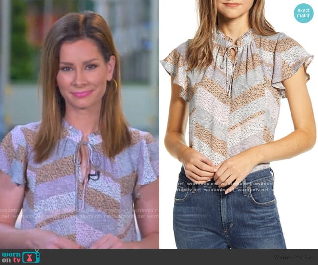 Bobeau Print Tie Neck Flutter Sleeve Top worn by Rebecca Jarvis on Good Morning America