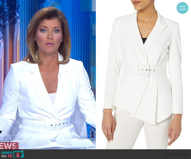 Tahari ASL Belted Asymmetrical Crepe Blazer worn by Norah O'Donnell on CBS Evening News