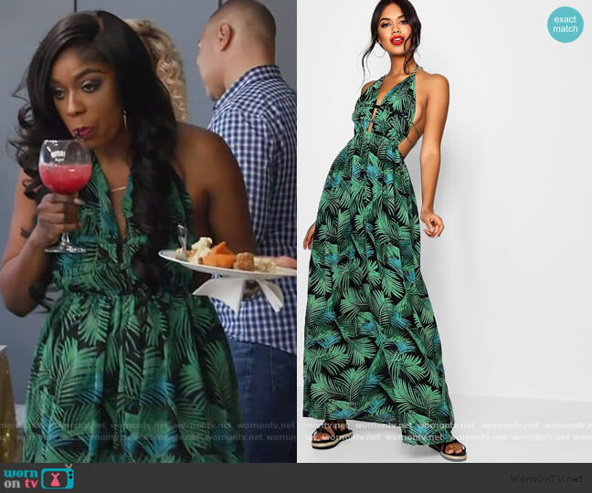 Boohoo Plunge Front Palm Print Maxi Dress worn by Wendy Osefo on The Real Housewives of Potomac