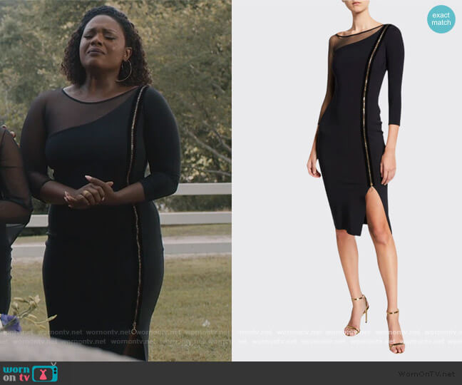 3/4-Sleeve Asymmetric Zip-Front Cocktail Dress w/ Mesh Inset