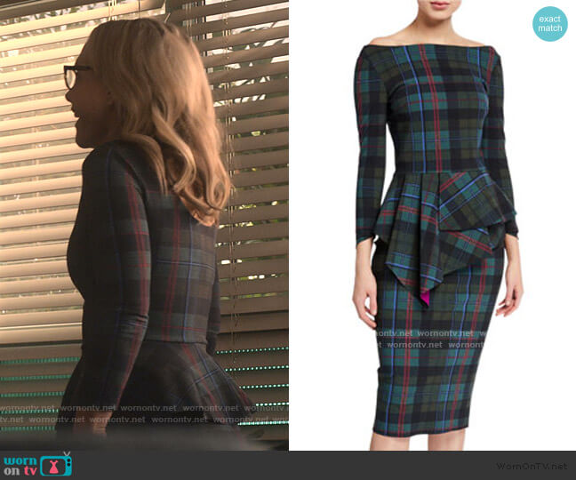 Chiara Boni La Petite Robe Plaid Off-the-Shoulder Peplum Dress worn by Linda Martin (Rachael Harris) on Lucifer