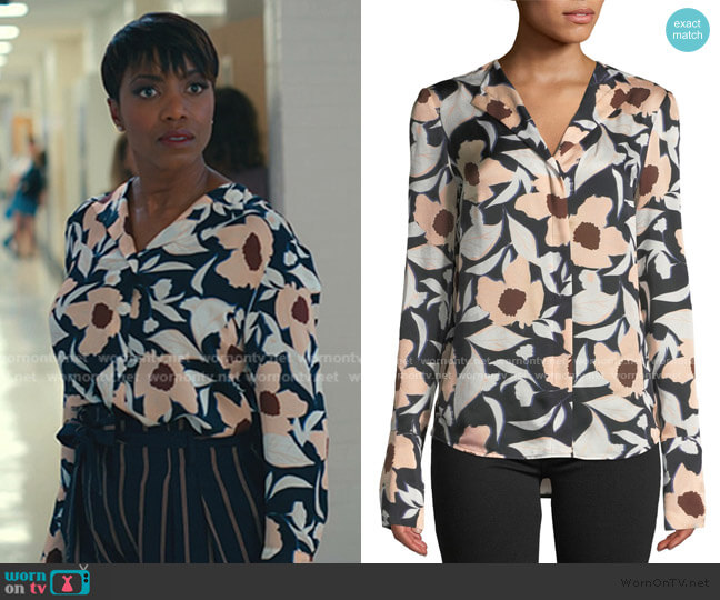 Christian Wijnants Tarani Floral Silk Charmeuse Button-Down Top worn by Helen Decatur (Heather Headley) on Sweet Magnolias