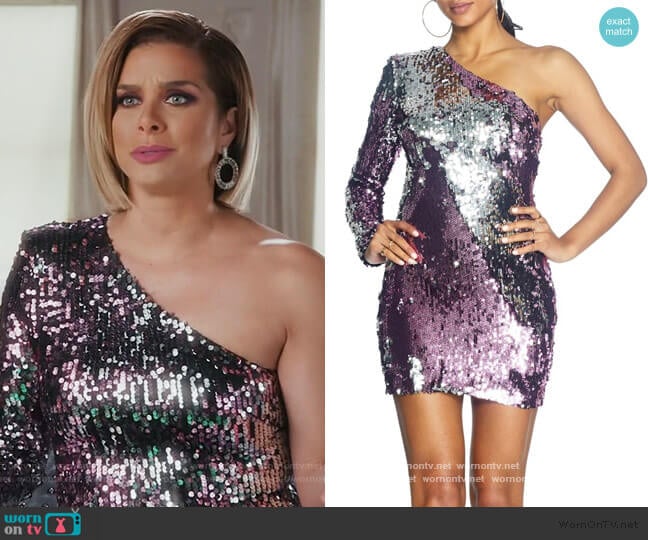 Dress the Population Sophie Sequin One-Shoulder Mini Dress worn by Robyn Dixon on The Real Housewives of Potomac