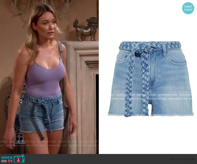 Frame Le Cutoff belted frayed denim shorts worn by Flo Fulton (Katrina Bowden) on The Bold and the Beautiful