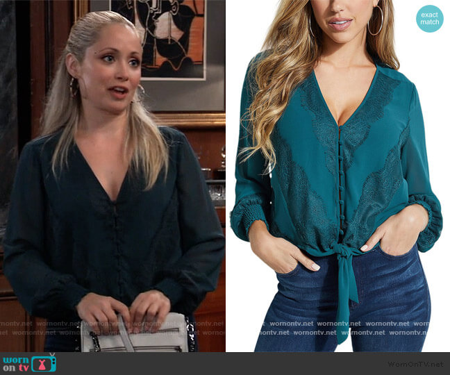 Guess Nilda Lace-Trim Tie-Front Top worn by Lulu Spencer Falconeri (Emme Rylan) on General Hospital