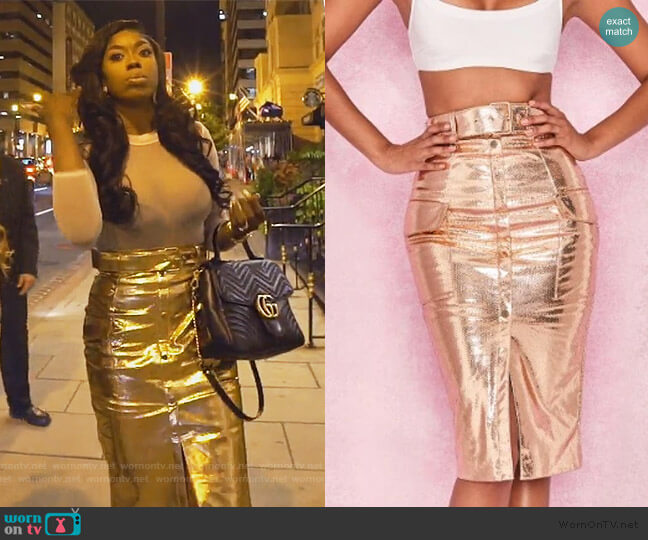 House of CB Gold Metalic Vegan Leather Skirt worn by Wendy Osefo on The Real Housewives of Potomac