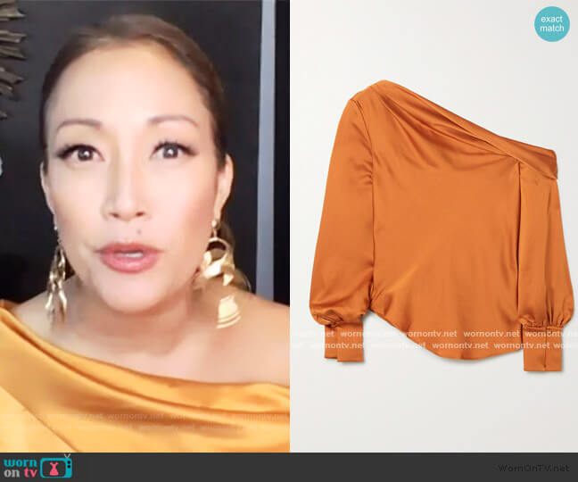 Jonathan Simkhai Alice draped one-shoulder satin blouse worn by Carrie Inaba on The Talk