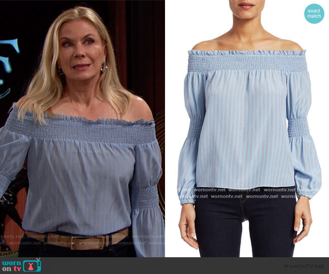L'Agence Mona Stripe Silk Off-The-Shoulder Blouse worn by Brooke Logan (Katherine Kelly Lang) on The Bold and the Beautiful