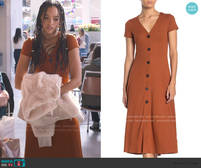 Love, Fire V-Neck Button Front Jersey Midi Dress worn by Tabitha Foster (Quintessa Swindell) on Trinkets