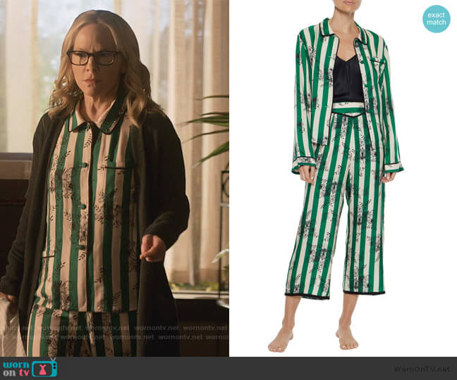 Morgan Lane Ruthie striped satin-twill pajama shirt worn by Linda Martin (Rachael Harris) on Lucifer