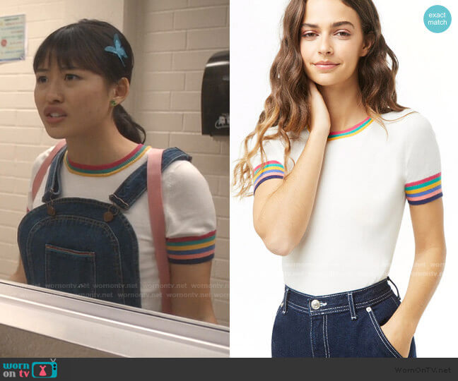 Forever 21 Multicolor Striped-Trim Knit Top worn by Rachelle Cohen-Strauss (Haley Tju) on Trinkets