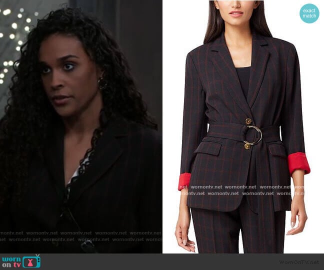 Tahari Notch Collar Belted Windowpane Jacket worn by Jordan Ashford (Briana Nicole Henry) on General Hospital