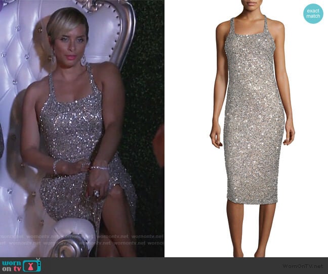 Parker Black Sage Sleeveless Sparkle Dress worn by Robyn Dixon on The Real Housewives of Potomac