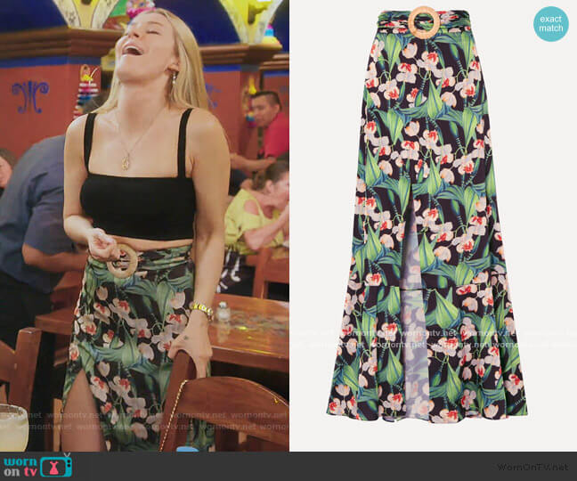Patbo Belted wrap-effect floral-print crepe maxi skirt worn by Leah McSweeney on The Real Housewives of New York City