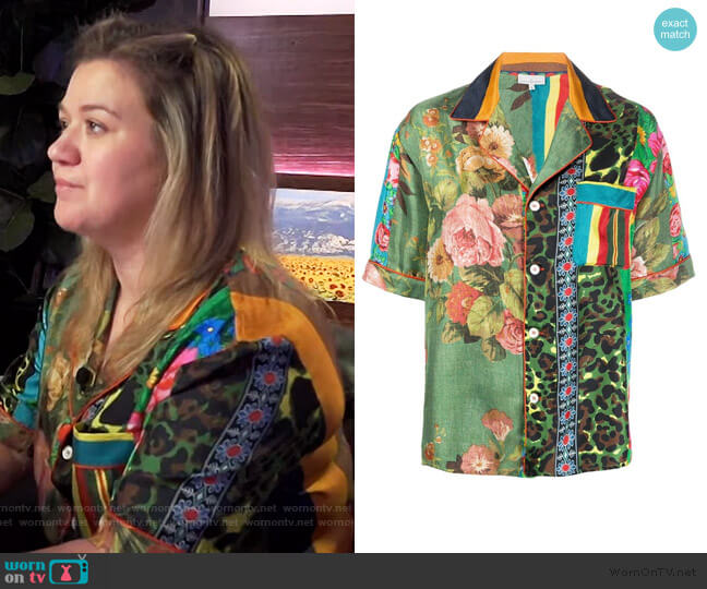 Pierre-Louis Mascia Aloeuw mixed-print silk shirt worn by Kelly Clarkson on The Kelly Clarkson Show