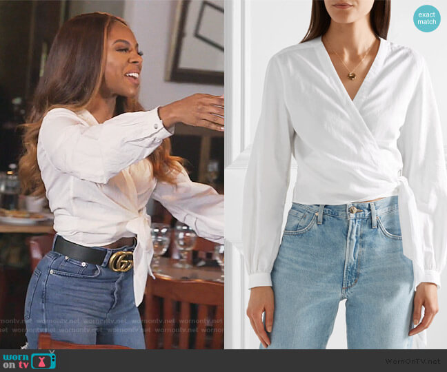 Rag and Bone Prescot cotton and linen-blend wrap top worn by Candiace Dillard Bassett on The Real Housewives of Potomac