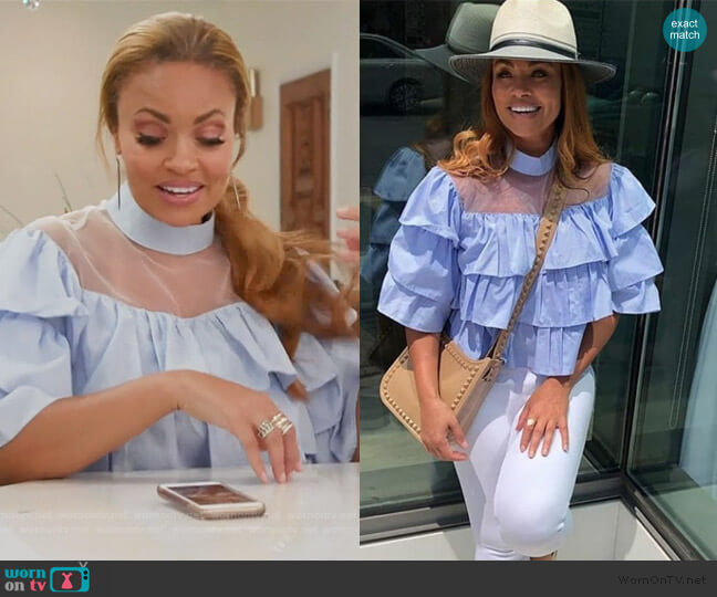 Sevyn Stitches by KSW Blue Ruffle Blouse worn by Gizelle Bryant on The Real Housewives of Potomac