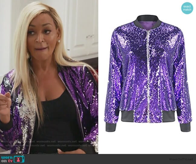 Asmax Sparkle Mermaid Sequin Long Sleeve Zipper Front Bomber Jacket worn by Karen Huger on The Real Housewives of Potomac