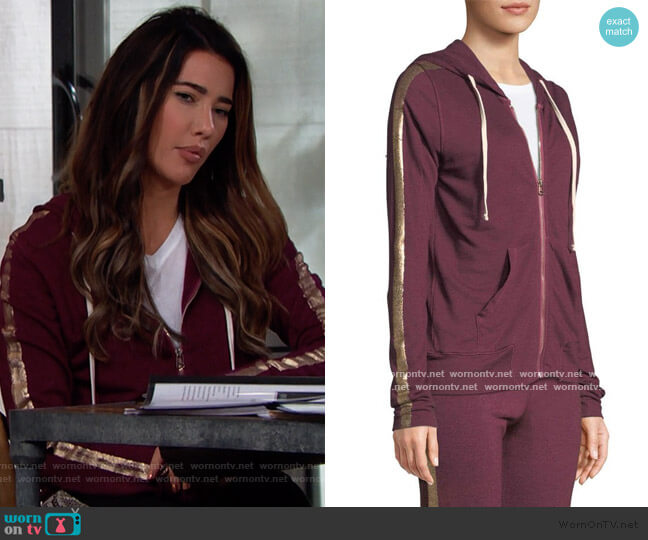Sundry Metallic Side-Stripe Hooded Jacket worn by Steffy Forrester (Jacqueline MacInnes Wood) on The Bold and the Beautiful