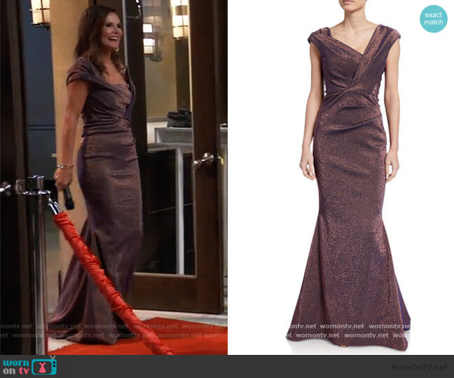 Talbot Runhof Iridescent Gazar V-Neck Gown worn by Lucy Coe (Lynn Herring) on General Hospital