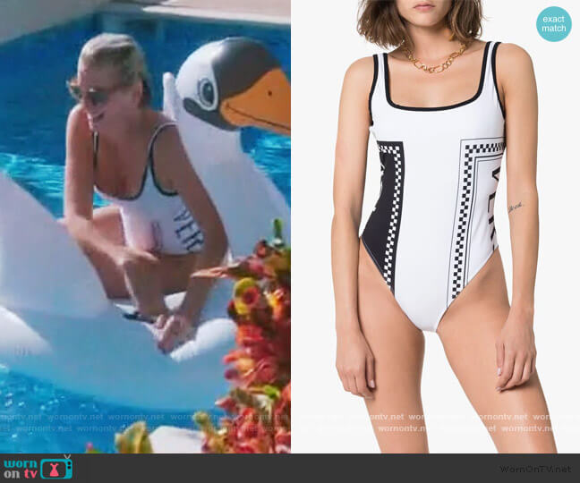 Versace logo printed swimsuit worn by Dorinda Medley on The Real Housewives of New York City